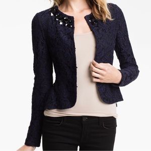 Nordstrom Heed HiLo Peplum Embellished Neckline Purple Lace Tailcoat Blazer W 12